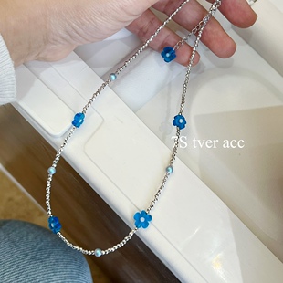 tver Acc韩国蓝色花朵项链锁骨链 Choker 串珠春夏多巴胺