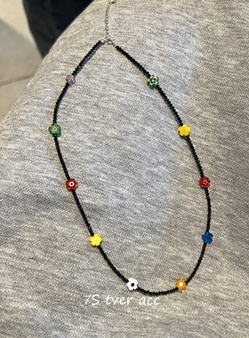 tver jewelry黑晶石头混色花朵项链 925 纯银配件锁骨链