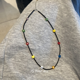 tver jewelry黑晶石头混色花朵项链 925 纯银配件锁骨链