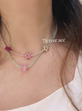 tver Acc韩代粉色系多巴胺五角星项链 锁骨链 幸运珠Choker