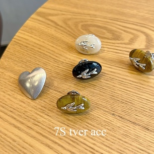 爱心磨砂马丁扣领扣 原石 tver韩国独立设计师水晶小鸟胸针