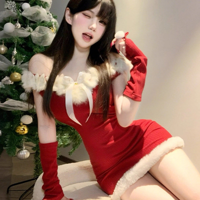 圣诞红毛绒边一字肩包臀连衣裙