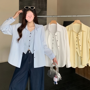 浅蓝色假两件长袖衬衫大码女装夏季新款时尚洋气宽松显瘦长袖上衣