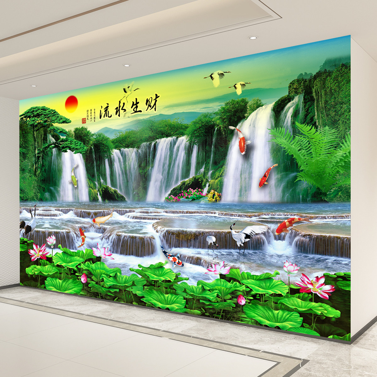 山水画背景墙3D立体壁画5d墙贴客厅装饰画自粘墙壁画墙画贴画墙纸