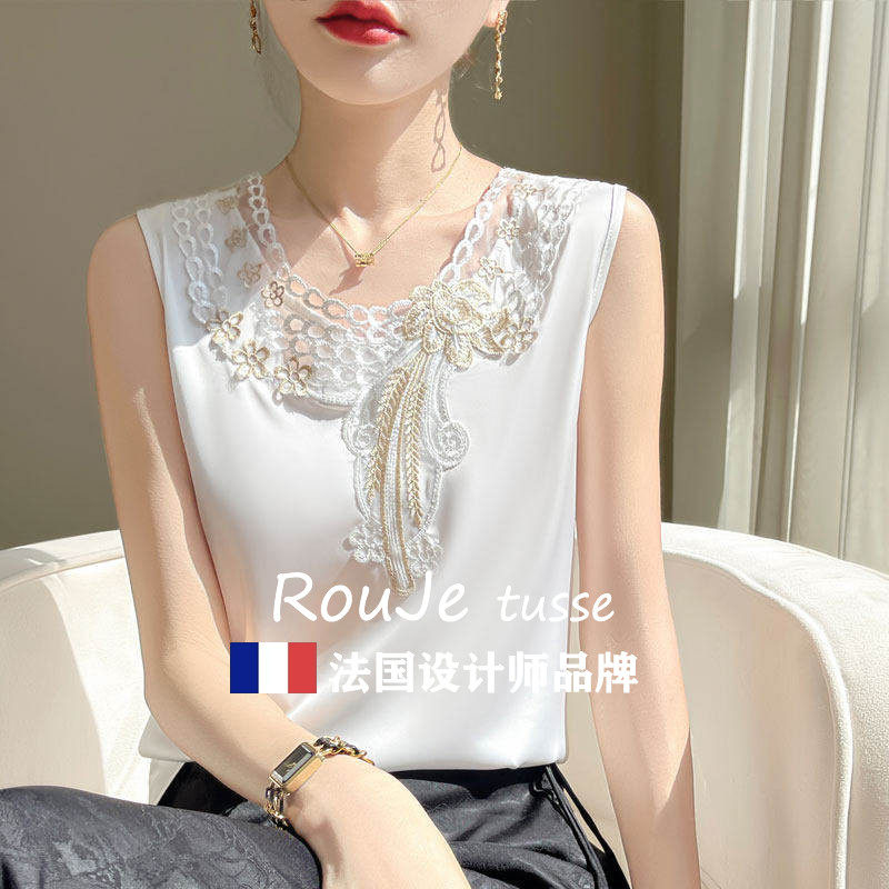 Rouje tusse立体刺绣吊带背心蕾丝拼接真丝西装内搭打底无袖上衣