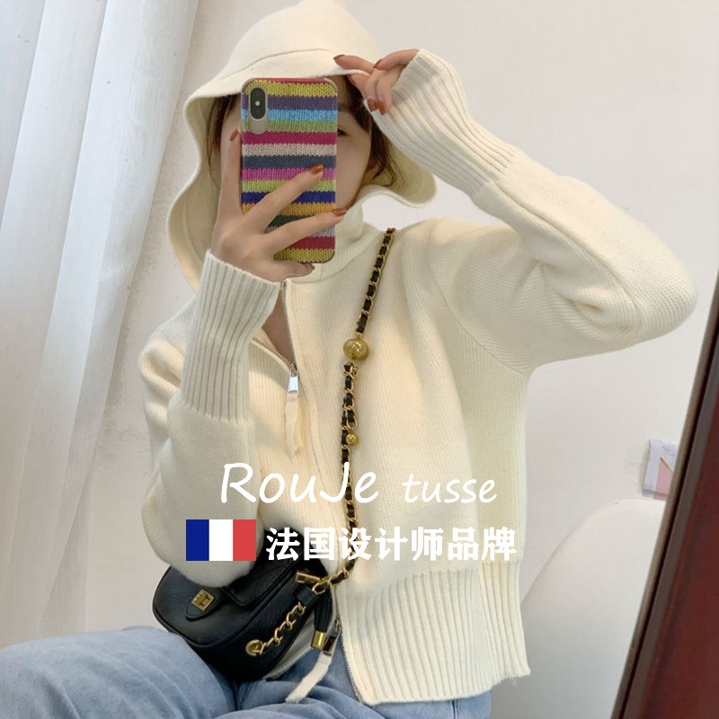Rouje tusse小香风软糯羊绒毛衣短款女打底连帽卫衣羊毛针织上衣