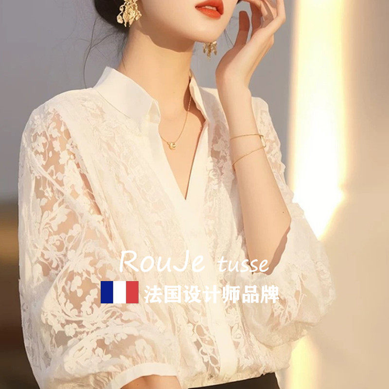 Rouje tusse桑蚕丝白色蕾丝衬衫夏季超好看减龄洋派宽松真丝小衫