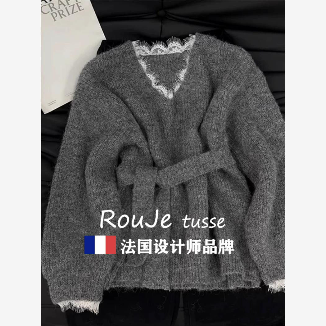 Rouje tusse时髦高端V领羊绒针织衫女穿搭减龄气质羊绒毛衣上衣潮