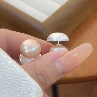 复古港风拉丝圆形豆豆珍珠s925银针耳钉轻奢小众耳环气质百搭耳饰