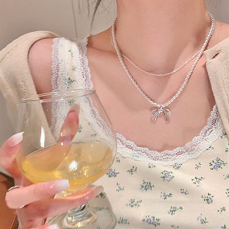 日韩风双层细链小米珍珠飘带蝴蝶结项链轻奢气质甜美千金风配饰