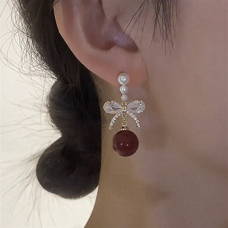 蝴蝶结酒红珍珠耳环轻奢高级感s925银针耳钉秋冬小众设计耳坠耳饰,饰品/流行首饰/时尚饰品新,耳环,淘宝优惠券,粉丝福利购,淘宝优惠卷