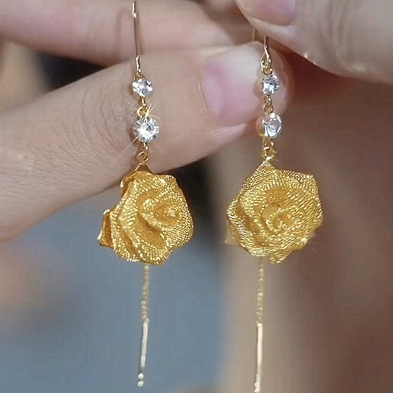气质耳线网纱玫瑰花长款耳环轻奢