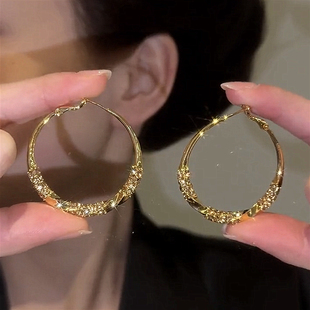 高档香槟金色锆石奢华s925银针圈圈耳环优雅百搭日常通勤耳圈气质