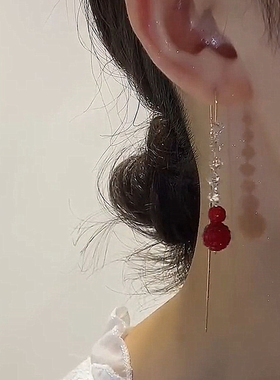 2024年新款潮红色葫芦流苏耳线高级感轻奢长款锆石水晶耳环耳饰女