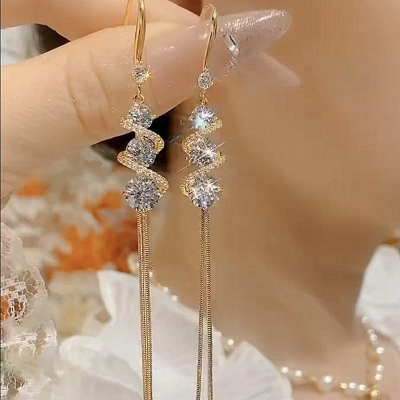 锆石缠绕流苏耳环新款潮金色流苏