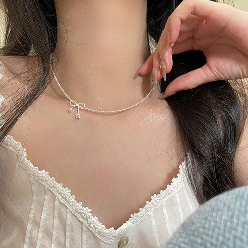蝴蝶结珍珠项链女轻奢短款锁骨链