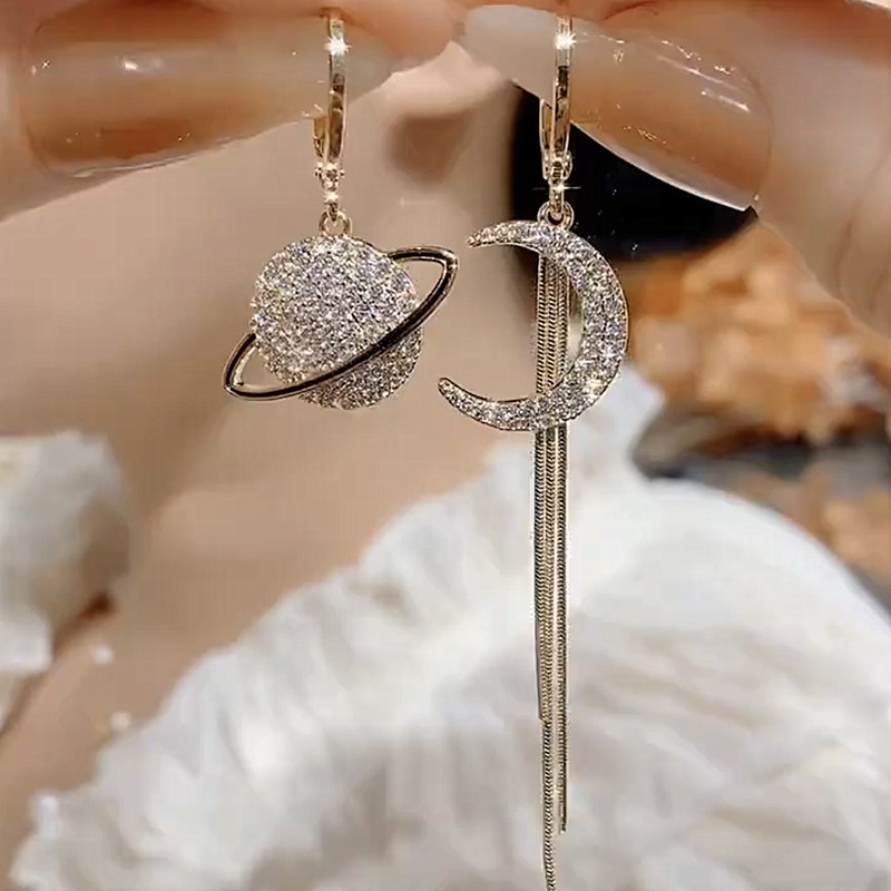 2025新款潮不对称星球月亮s925银针耳环气质长款流苏耳钉高级感女