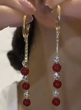 超仙红色钻球流苏耳扣女2023新款时尚气质网红耳环长款显脸瘦耳饰