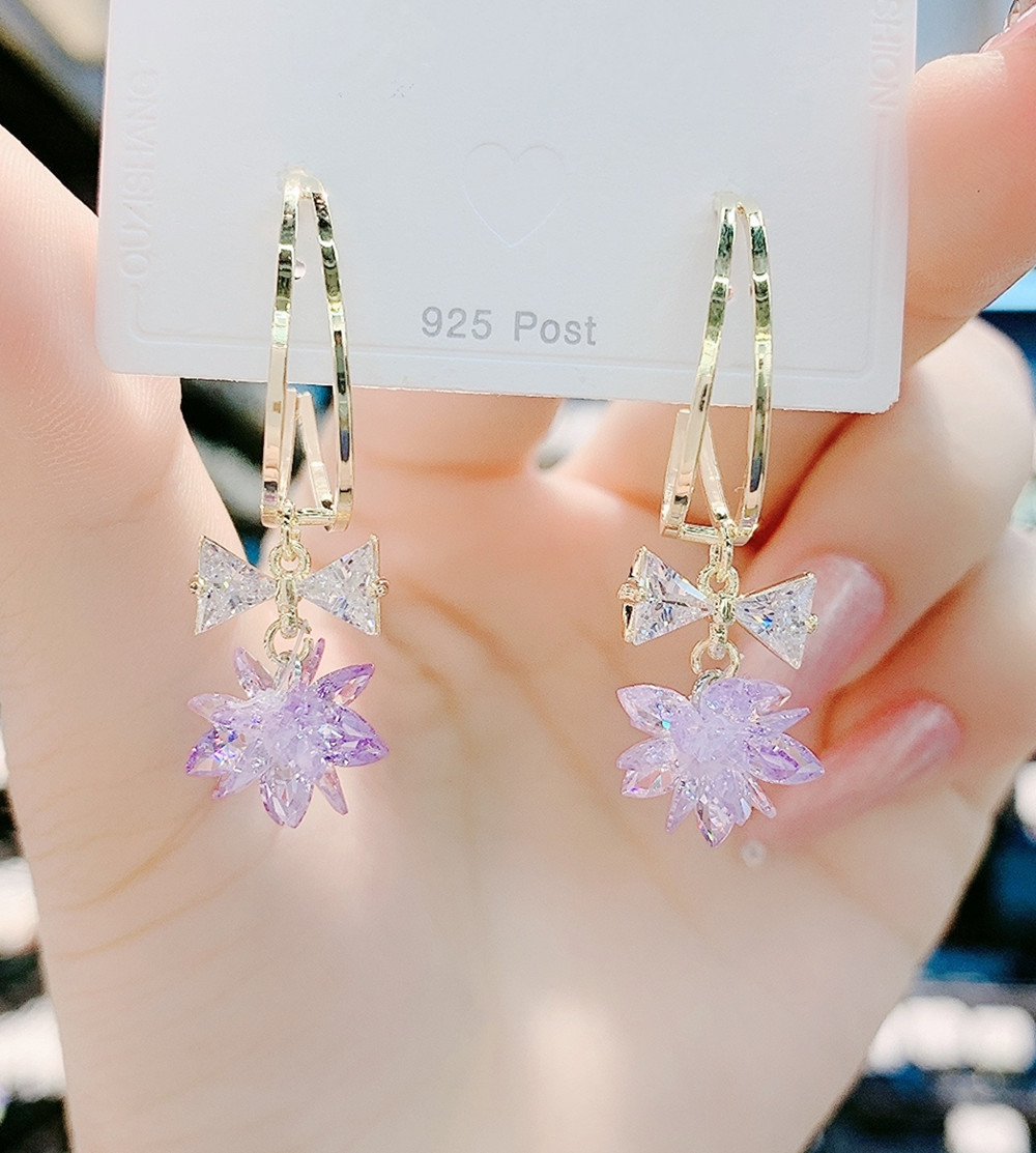 日韩紫色冰花水晶短款设计女耳环