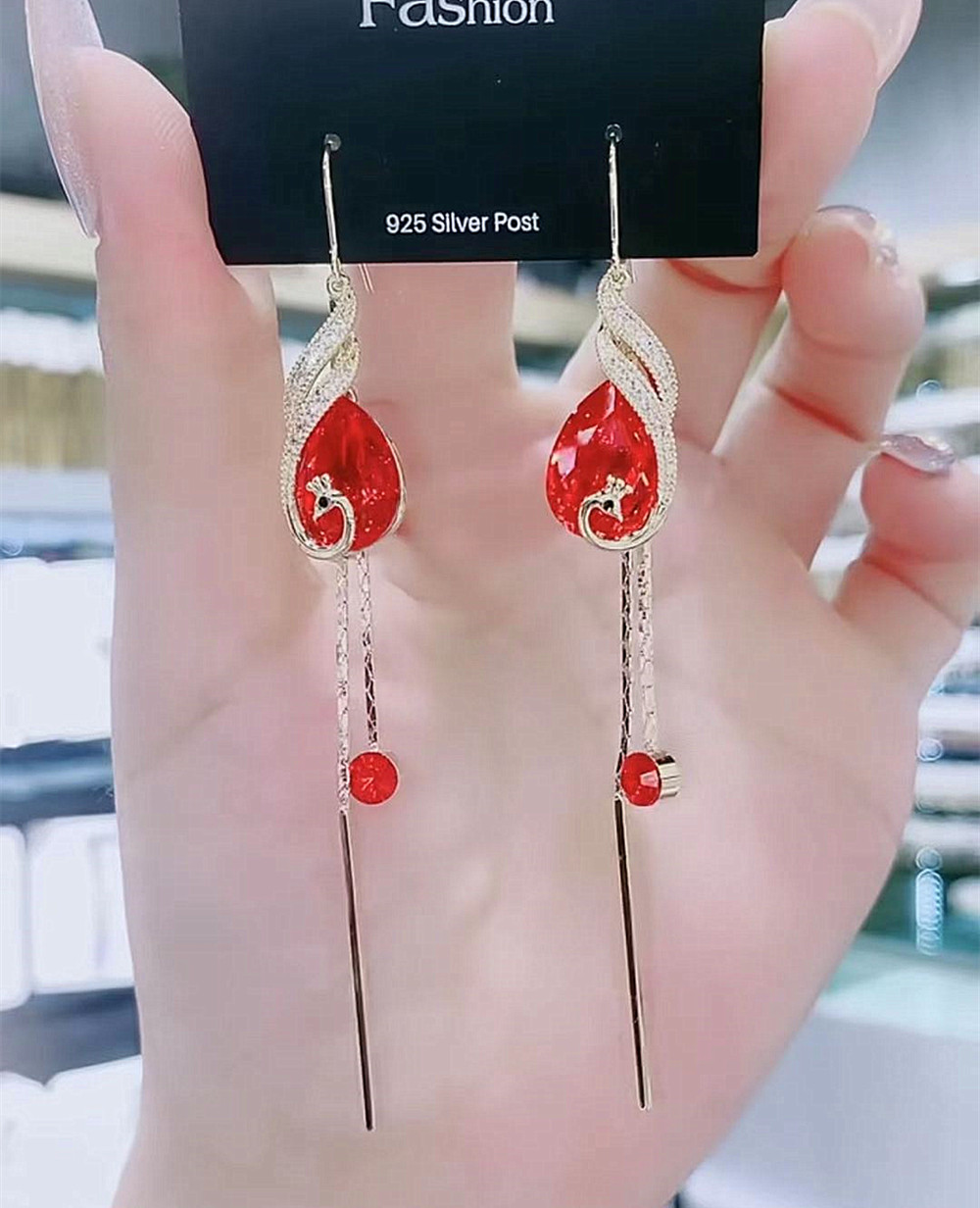气质长款红色凤凰耳环过年喜庆