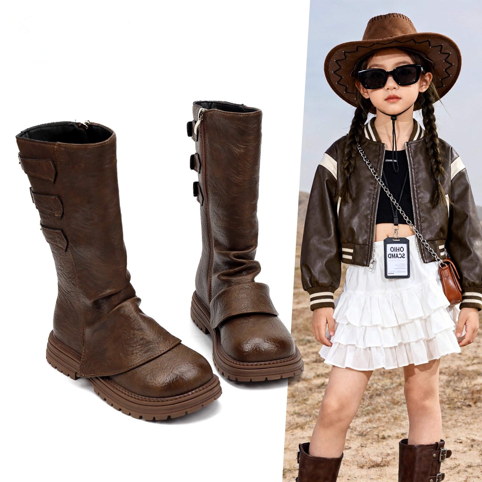 儿童靴英伦高筒皮靴秋冬新款加绒女童长靴骑士靴美拉德牛仔机车靴