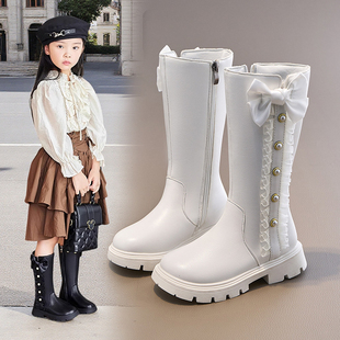 儿童长筒靴子加绒皮靴秋冬新款高筒靴女童棉鞋公主风蕾丝马丁长靴