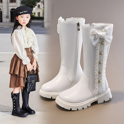 儿童长筒靴子加绒皮靴秋冬新款高筒靴女童棉鞋公主风蕾丝马丁长靴
