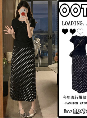 大码女装套装胖mm2026年夏季新款时尚蝴蝶结上衣波点半身裙两件套