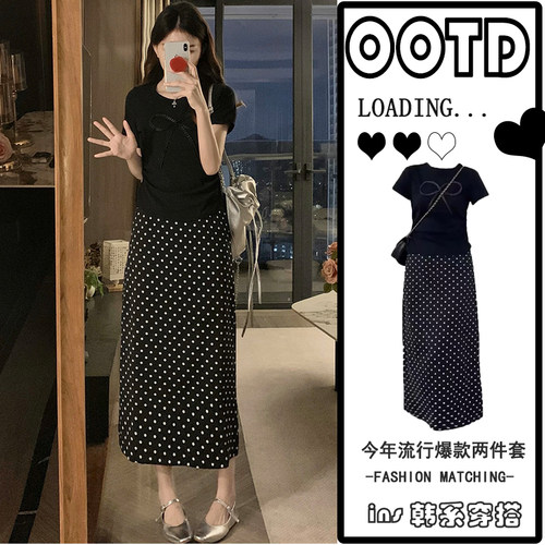 大码女装套装胖mm2026年夏季新款时尚蝴蝶结上衣波点半身裙两件套