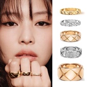 coco菱格纹戒指轻奢18k金镶钻叠戴宽窄版 小香风925银情侣对戒指环