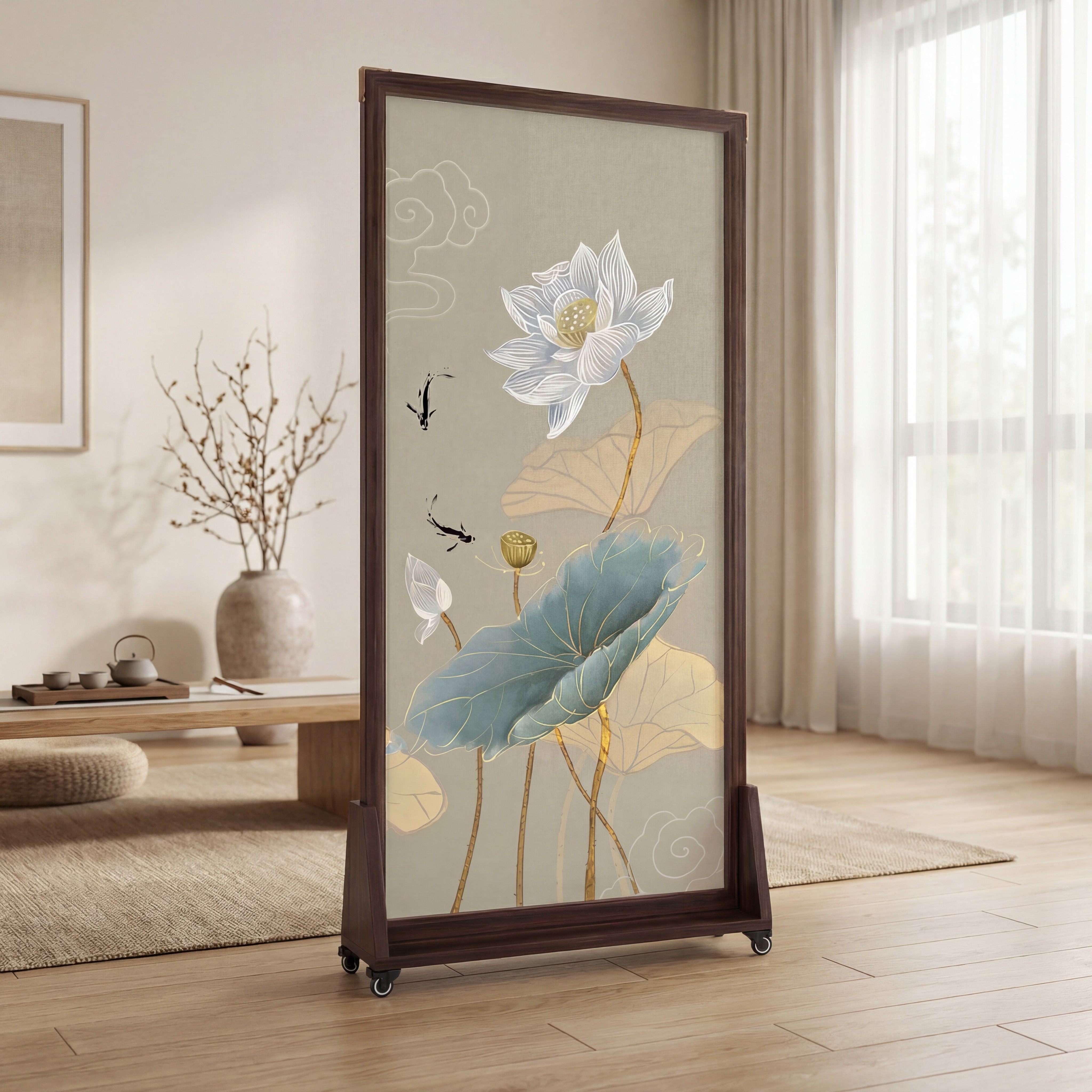 带万向轮子2026新款新中式高端实木折叠屏风隔断可移动办公室遮挡