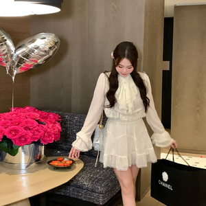 MB大码女装【庐州月光】法式甜美荷叶边丝绒上衣松紧腰半裙两件套