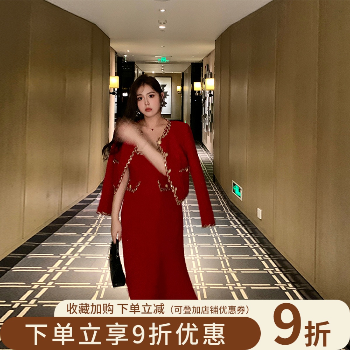 MB大码女装【烟雨红尘】法式复古小香风短外套女吊带连衣裙两件套