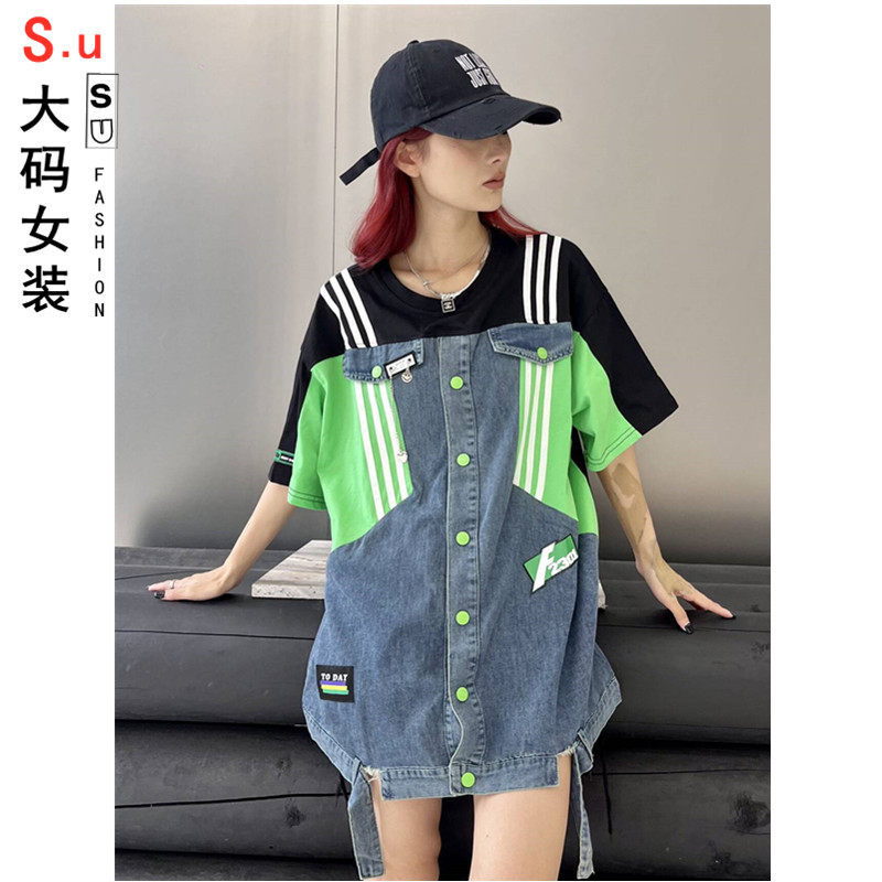 大码欧货潮牌牛仔上衣2026夏季新款短袖休闲设计感中长款条纹T恤