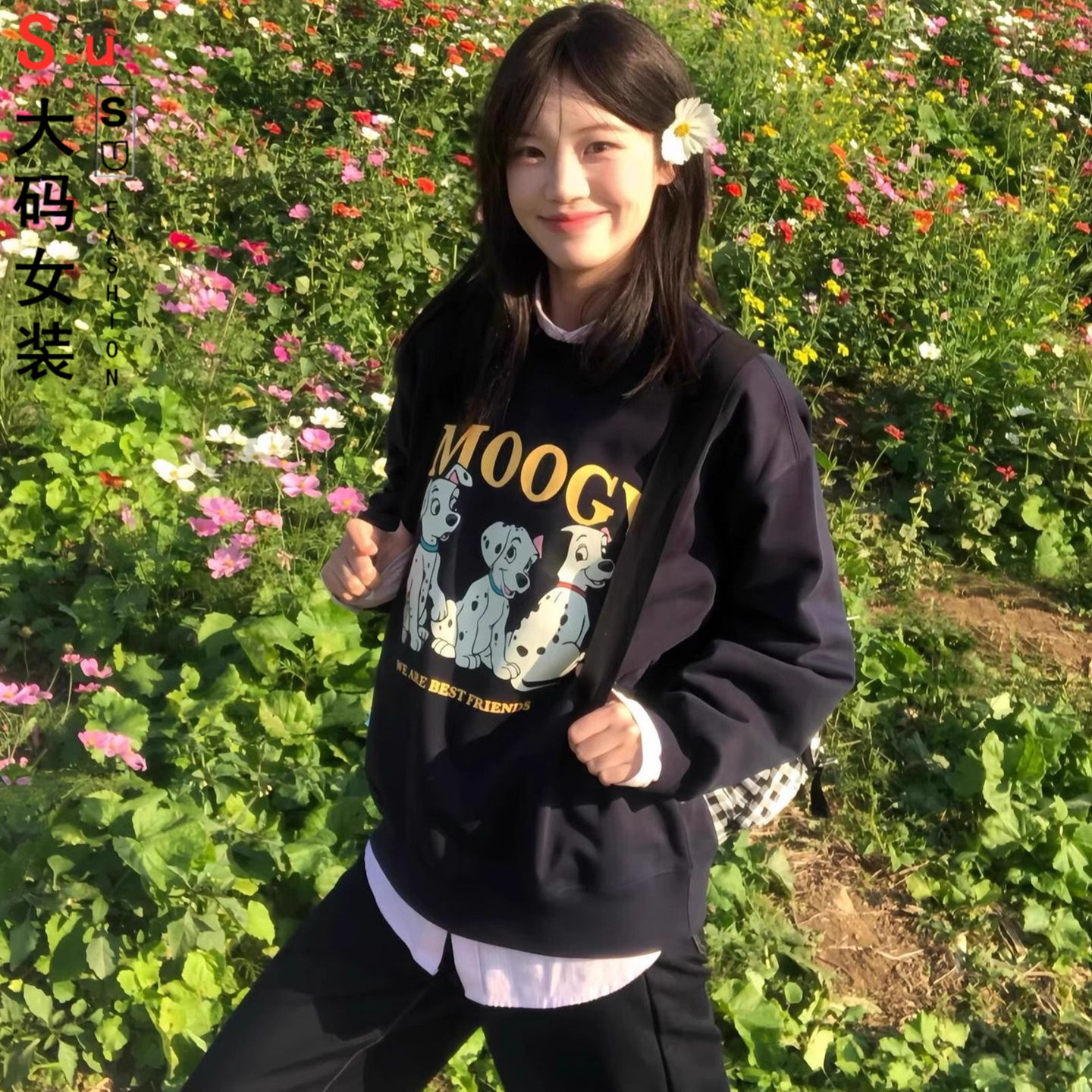 大码秋冬美式可爱斑点狗印花重磅加绒加厚圆领卫衣男女情侣装上衣
