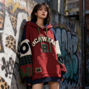 大码圣诞卫衣女冬季加绒加厚红色连帽外套秋冬美式重磅高级感衣服