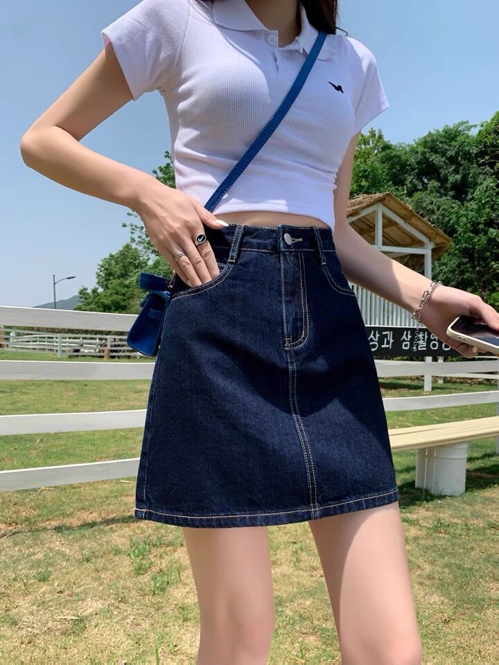 深蓝色牛仔半身裙女2022年春夏新款大码高腰A字纯色百搭学生短裙