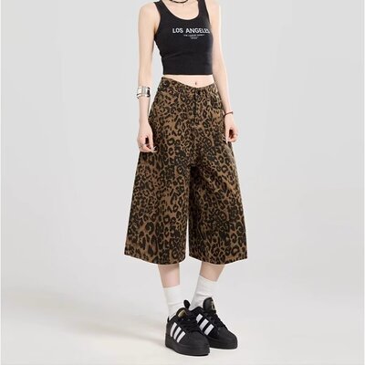 美式复古豹纹七分裤女2025夏街头嘻哈跳舞裤子宽松阔腿牛仔短裤子