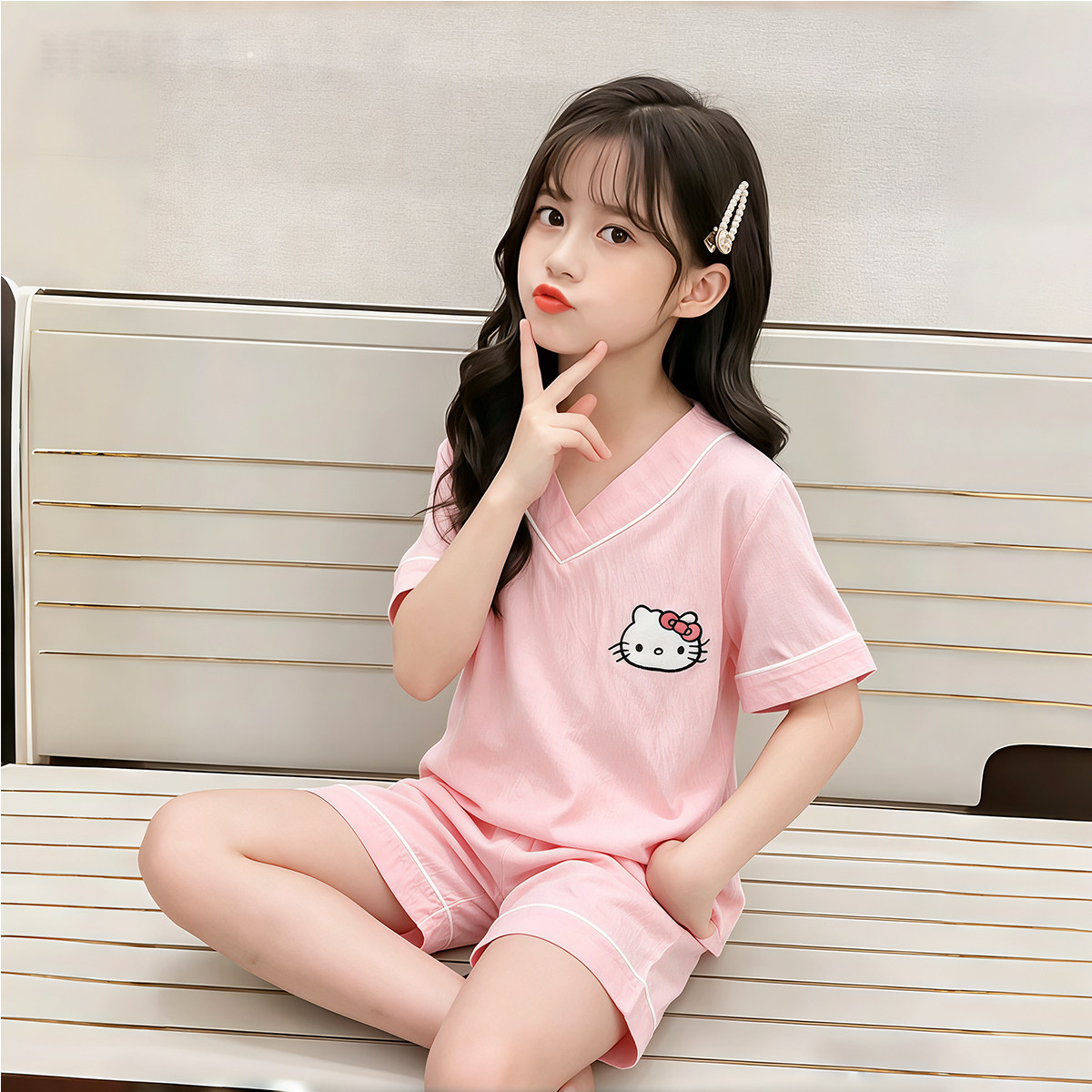 儿童睡衣薄款套装夏季女童中大童亲子女孩短袖短款套装卡通家居服