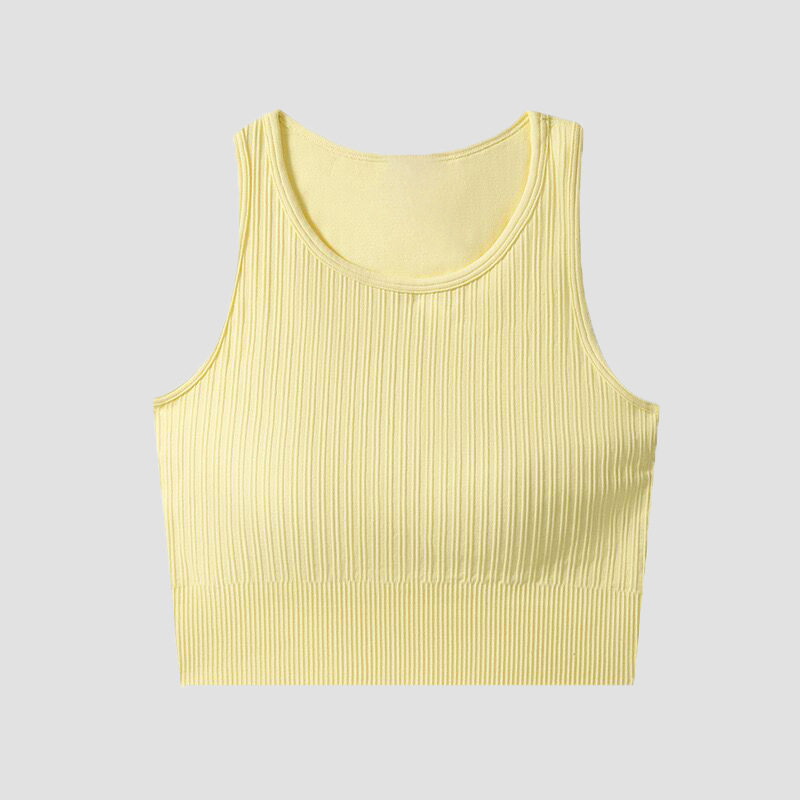 纯色竖纹小鸭黄瑜伽背心文胸高强度防震聚胸收副乳运动文胸
