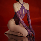 卿荷性感交叉高叉紫色网衣带网纱手套纯欲塑身连体衣情调制服套装