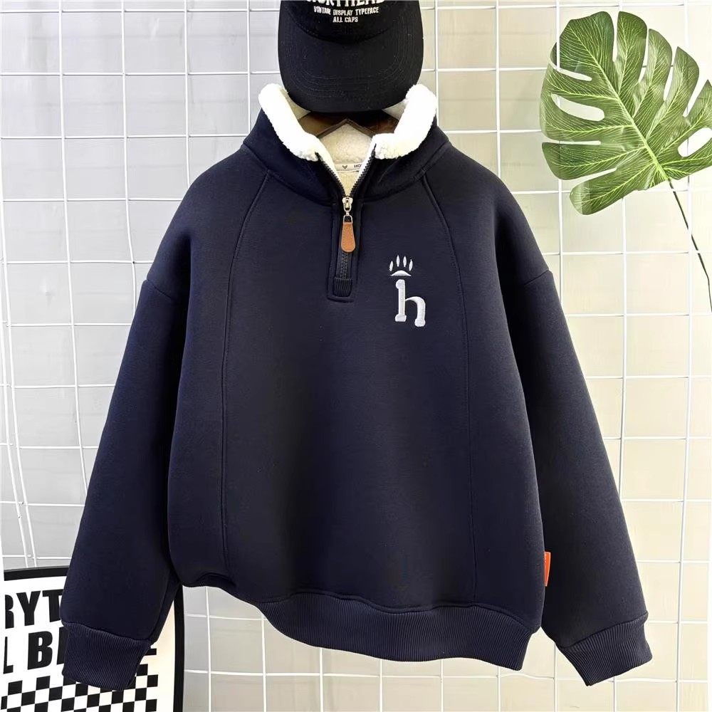 男女童卫衣秋冬加绒加厚半拉链立领保暖上衣杏色儿童休闲外套