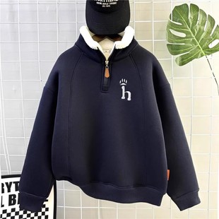 男女童卫衣秋冬加绒加厚半拉链立领保暖上衣杏色儿童休闲外套