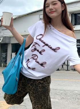 FGOB美式休闲基础多色幻影标语字母印花斜肩慵懒宽松显瘦短袖T恤