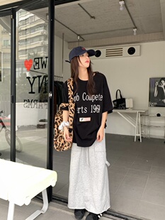 FGOB春夏新款美式复古旗帜印花情侣宽松纯色字母国潮圆领T恤短袖