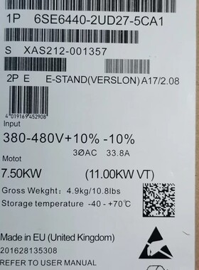 6SE64402UD275CA1西门子MM440变频器无滤波器6SE6440-2UD27-5CA1