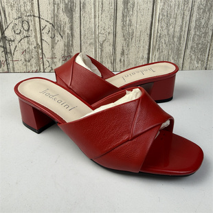 35码真皮5cm一字拖鞋女夏粗跟中跟舒适百搭红色凉拖鞋
