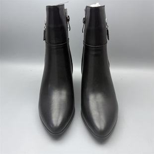 黑色耐脏时尚 真皮马丁靴女黑色尖头粗跟侧拉链短靴百搭