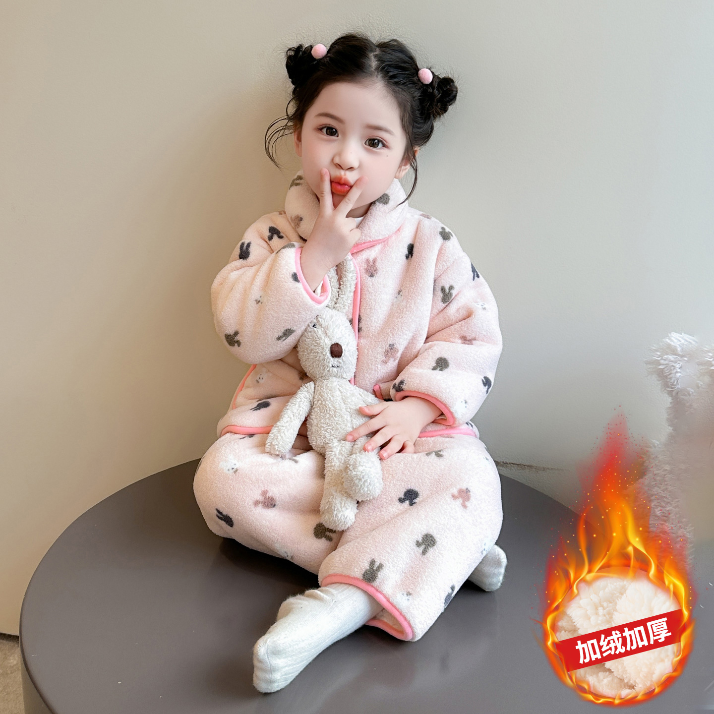 儿童睡衣冬款女孩开衫套装2025新款女童法兰绒双层加厚保暖家居服