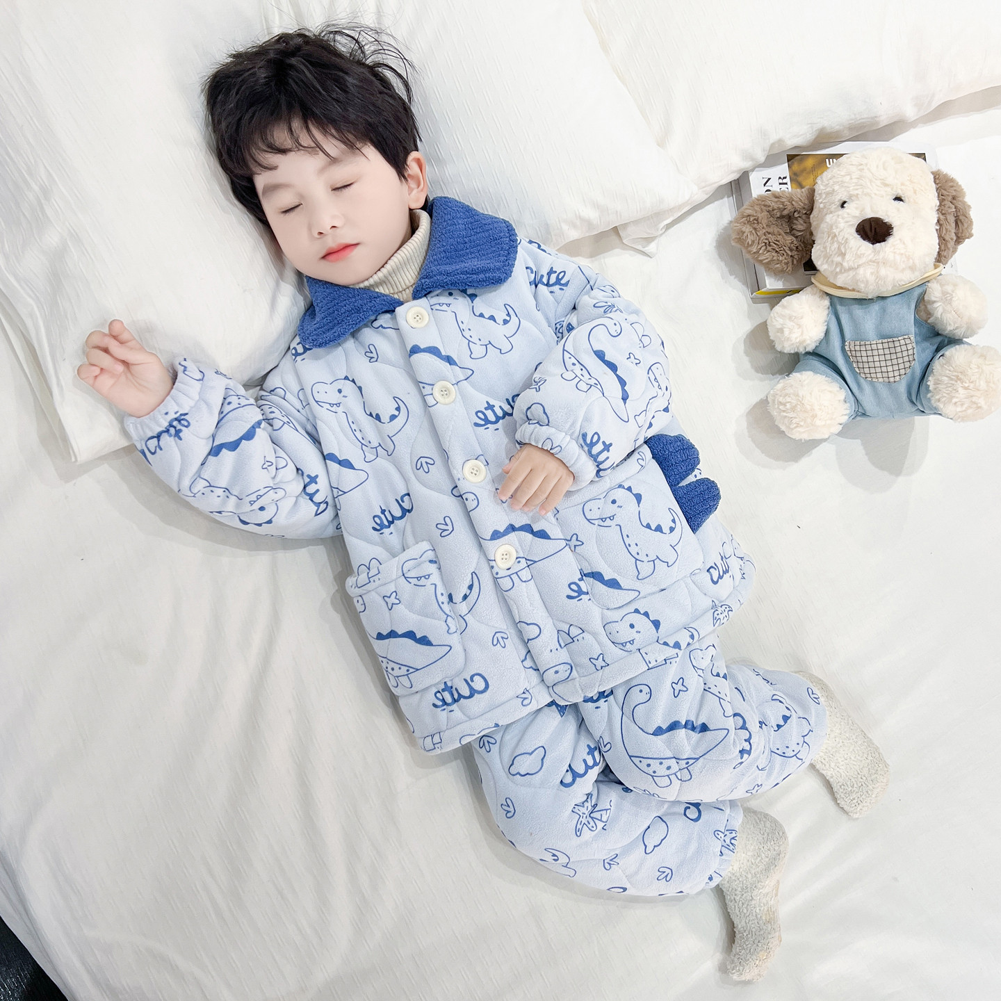 男童睡衣套装秋冬款法兰绒三层夹棉儿童珊瑚绒加绒加厚保暖家居服